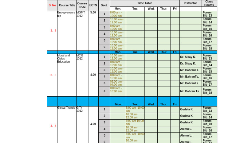 Course Schedule and Instructors List | PDF
