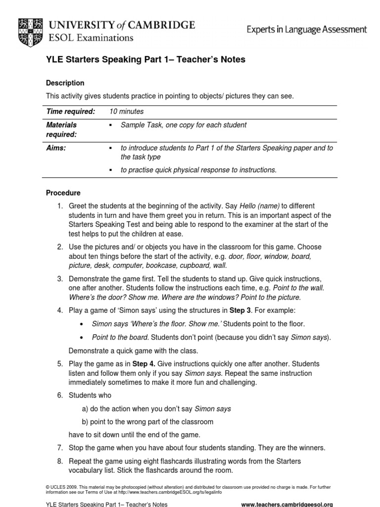 Yle Starters Speaking Part 1 PDF Test (Assessment) Classroom