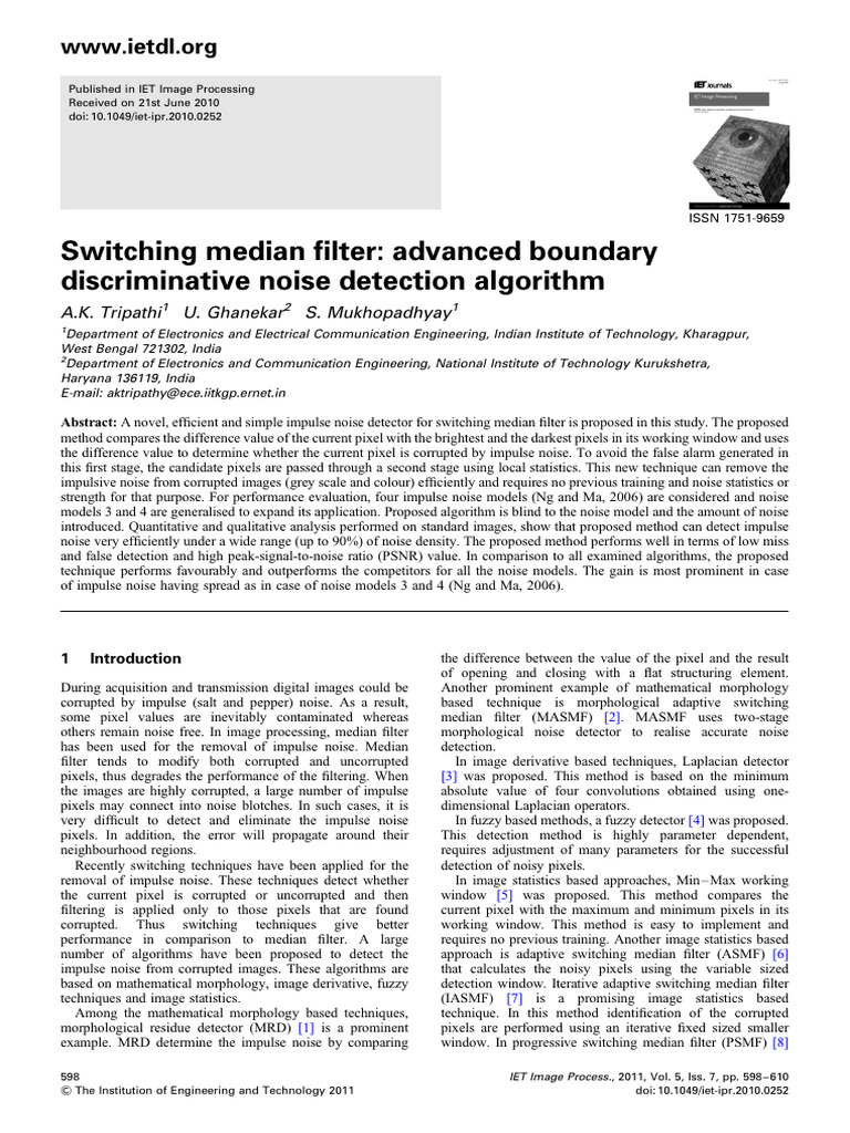 Advanced Impulse Noise Detection Algorithm | PDF | Histogram | Mean ...