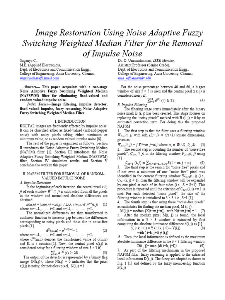 Image Restoration Using Noise Adaptive Fuzzy Switching Weighted Median ...