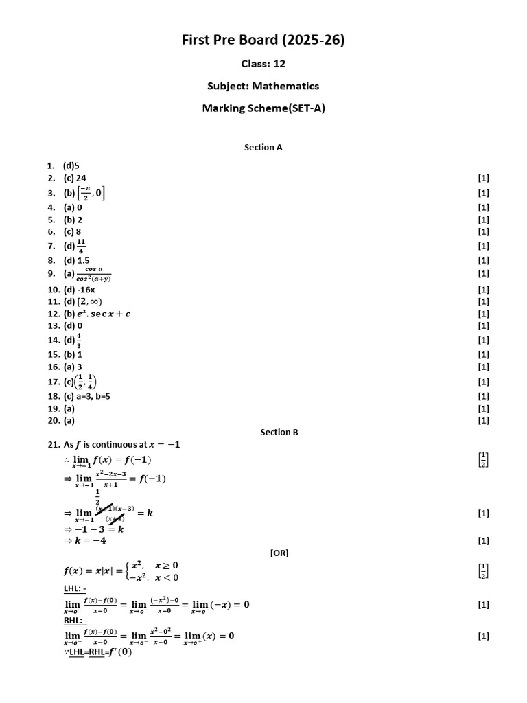 Class 12 Mathematics Pre Board 2025-26 | PDF | Mathematical Analysis ...