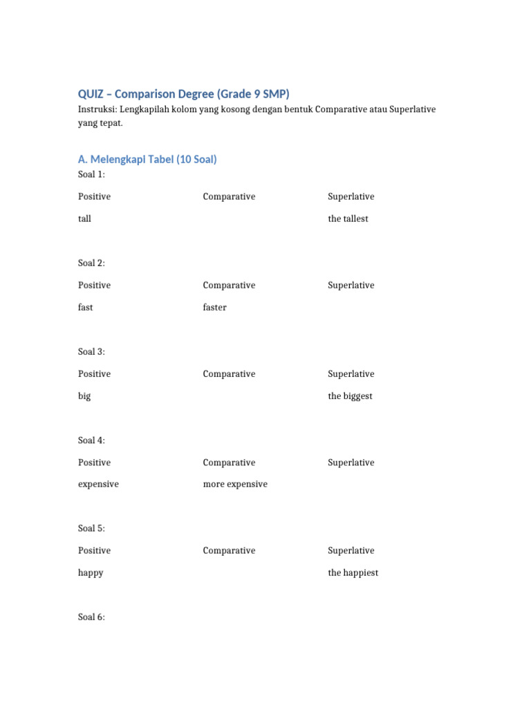 Grade 9 Comparative and Superlative Quiz | PDF