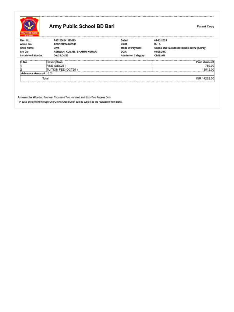 Payment Receipt: 14262 Rupees for Diva | PDF