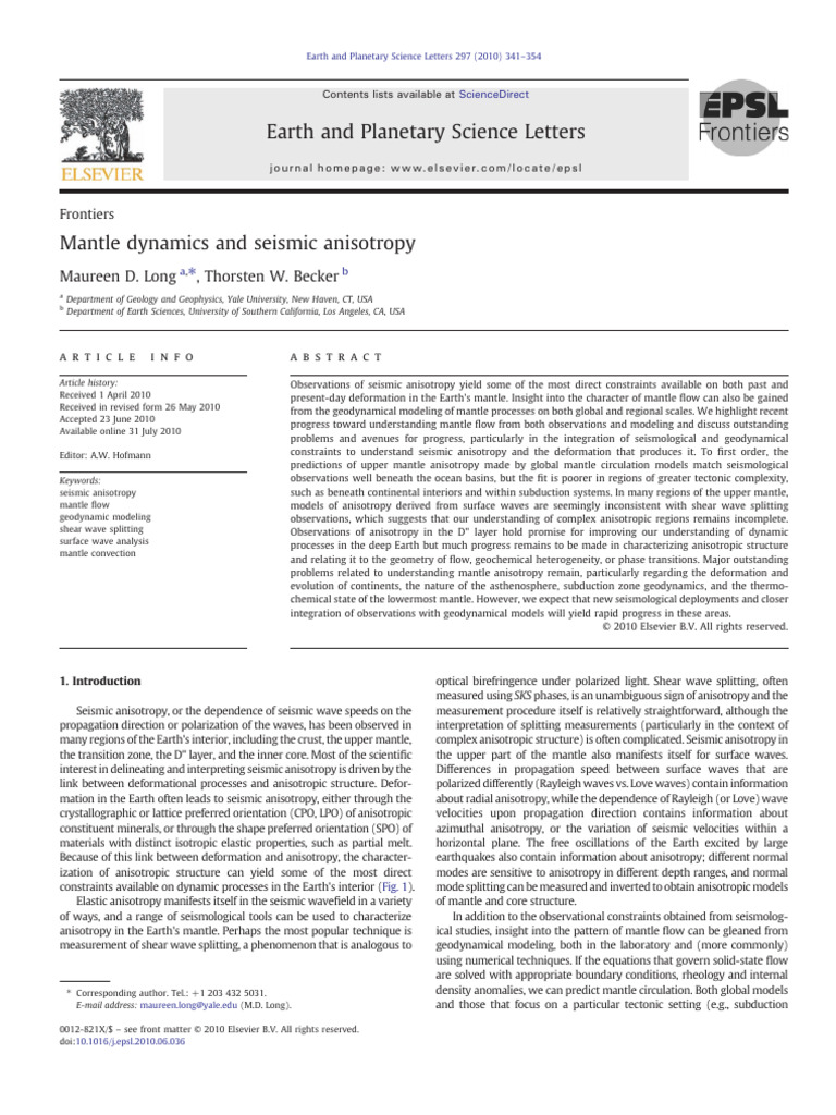 Seismic Anisotropy and Mantle Dynamics | PDF | Anisotropy | Chemistry