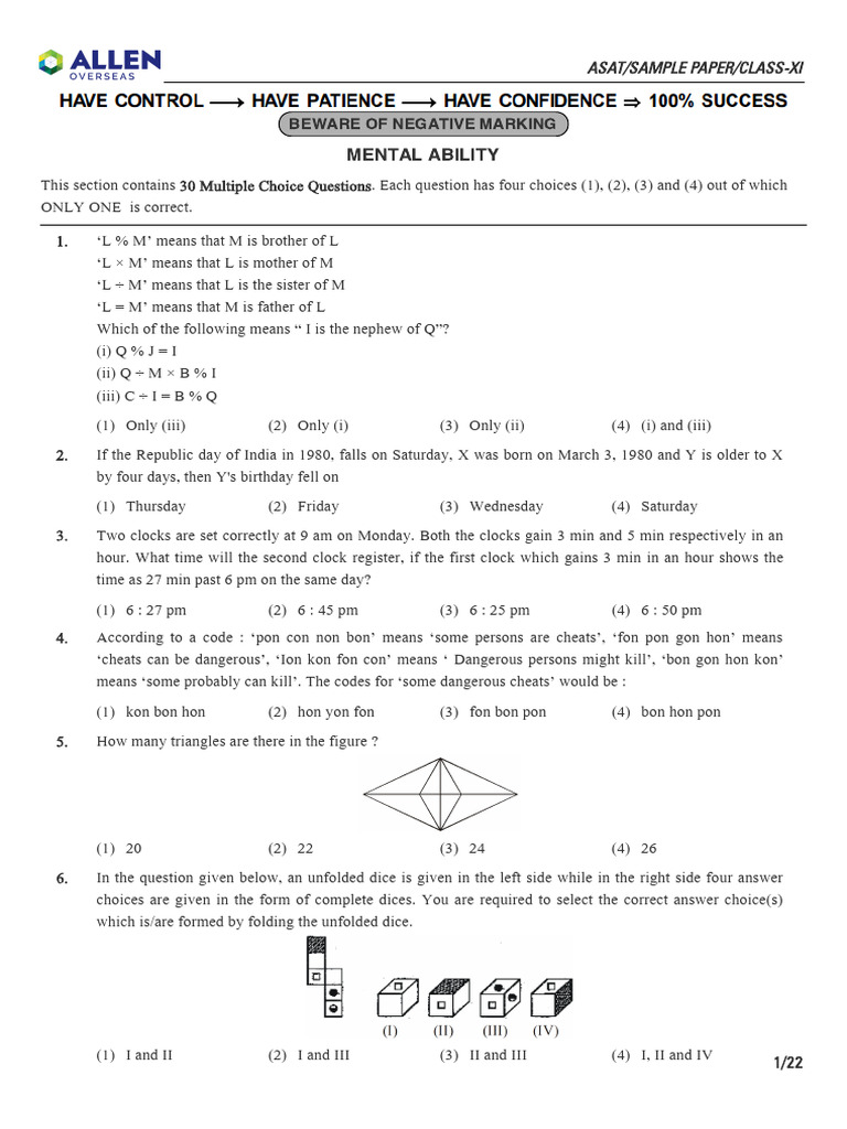 Class XI Mental Ability Sample Paper | PDF | Ion | Chemical Bond