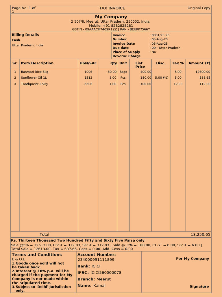 Tax Invoice for Basmati Rice and Oil | PDF