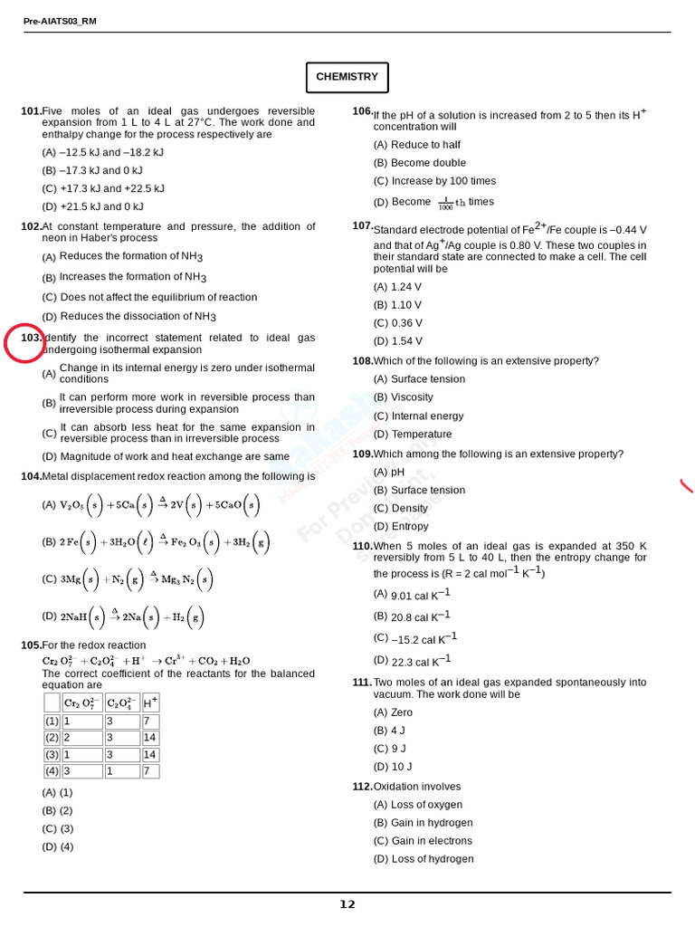 Chemistry Exam Questions and Answers | PDF | Redox | Chemical Equilibrium