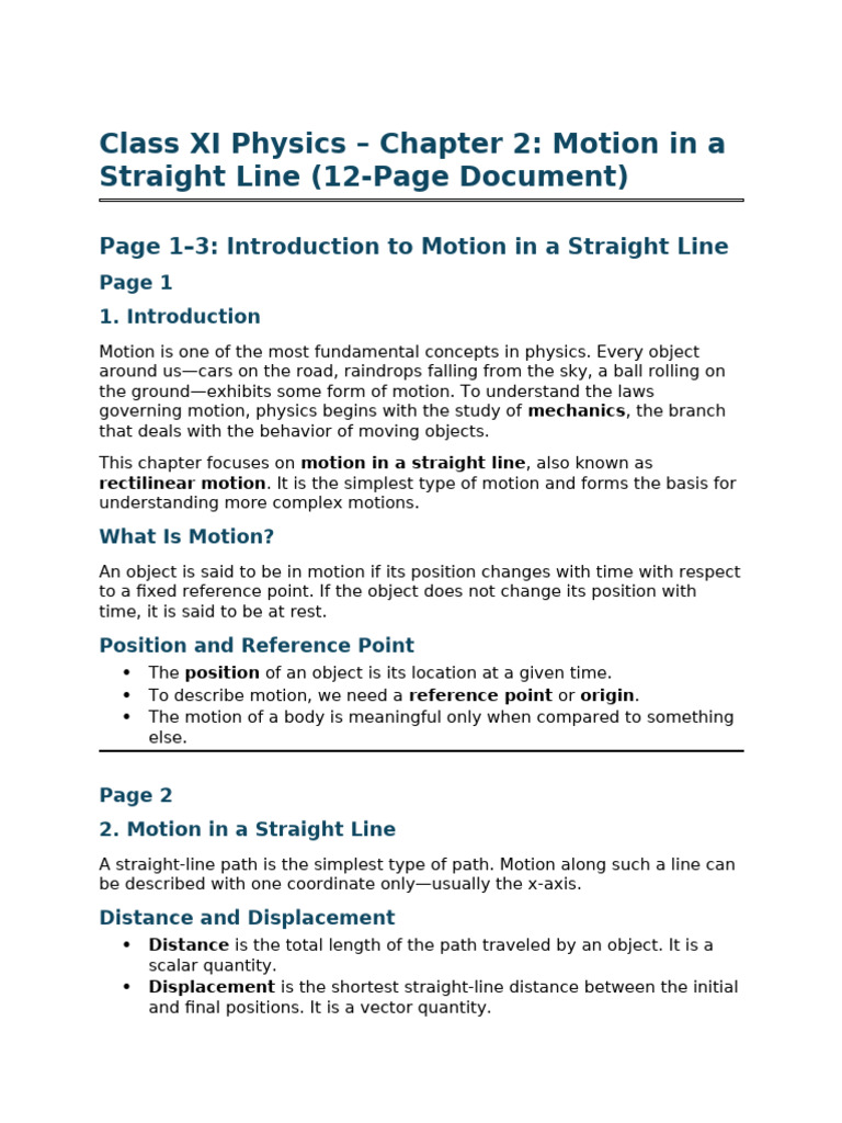 Class Xi Motion Straight Line Document | PDF | Velocity | Acceleration