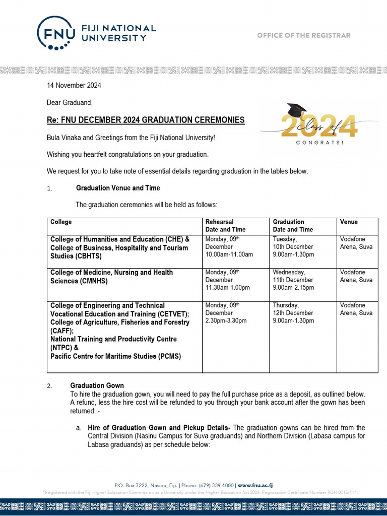 FNU December 2024 Graduation Details | PDF