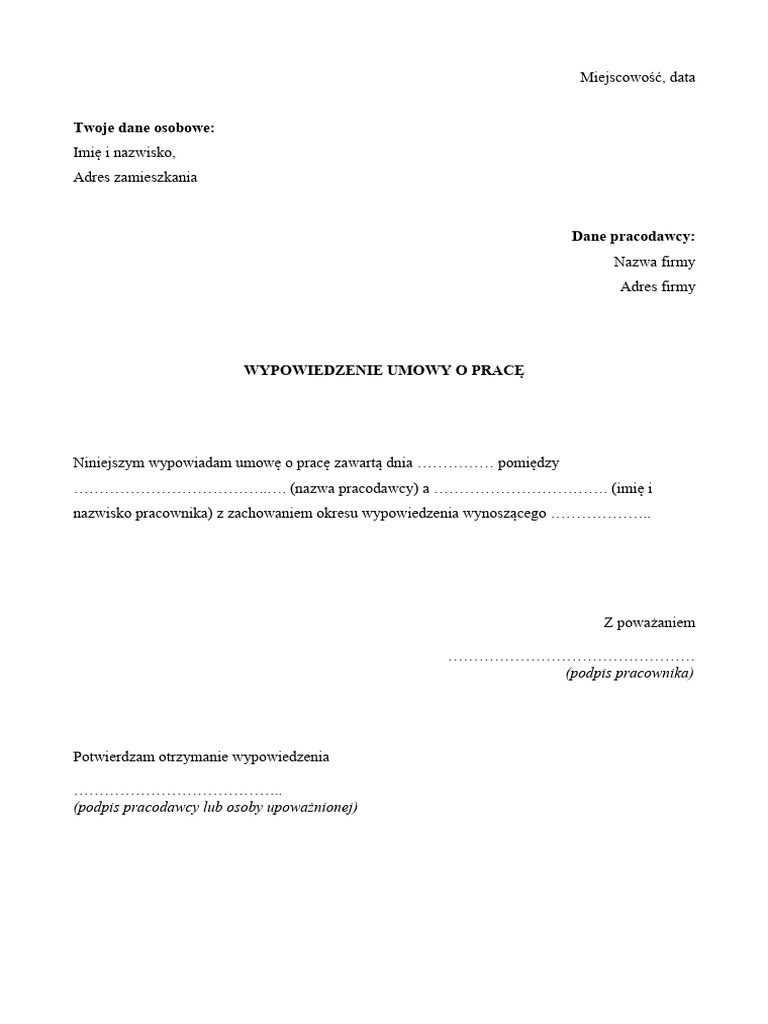Wypowiedzenie Umowy O Prac Wz r PDF