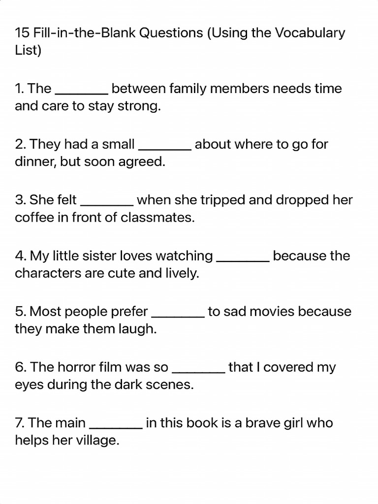 15 Fill-In-The-Blank Questions (Using The Vocabulary List) | PDF