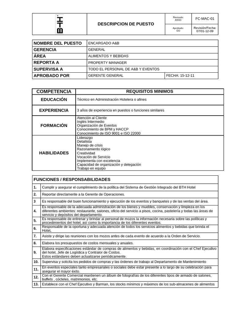 Descripción del Puesto: Encargado A&B | PDF | Hotel | Artes culinarias