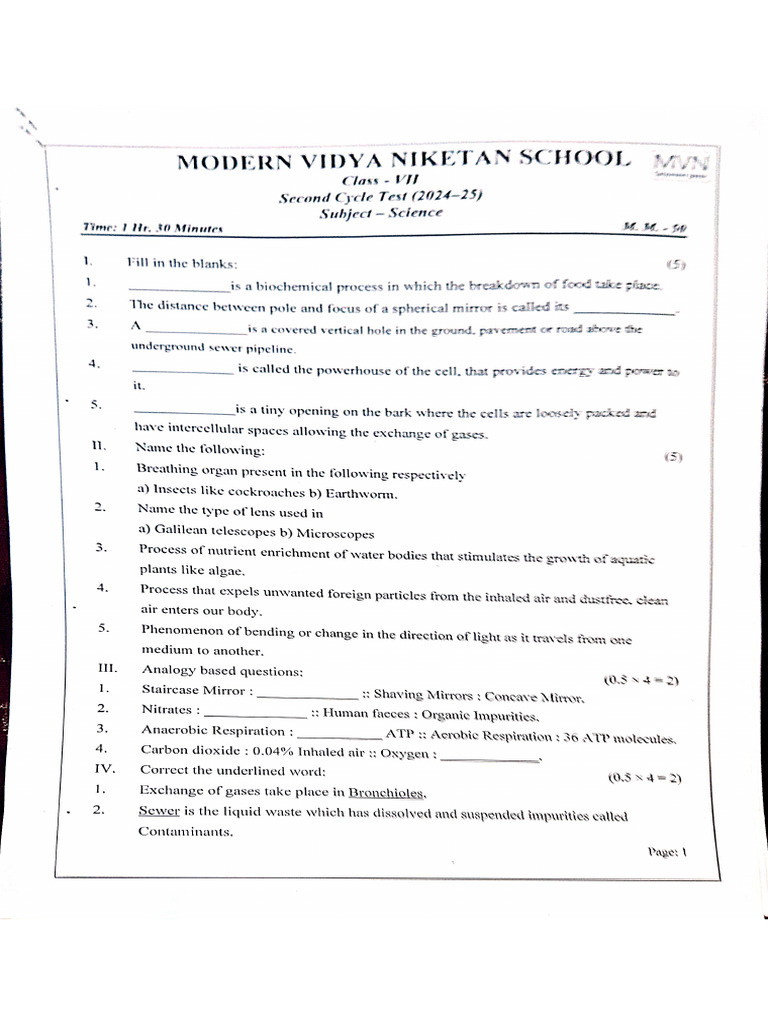 Practice Paper Class 7 CT2 | PDF