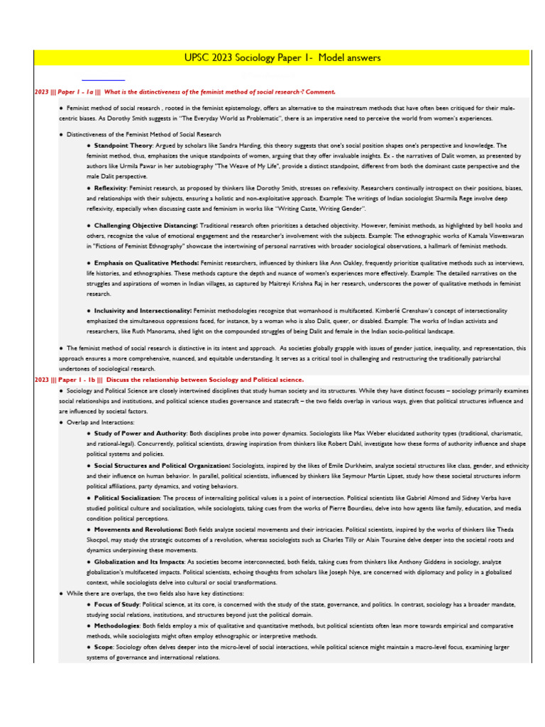 UPSC 2023 Sociology Paper 1 Insights | PDF | Sociology | Cost Of Living