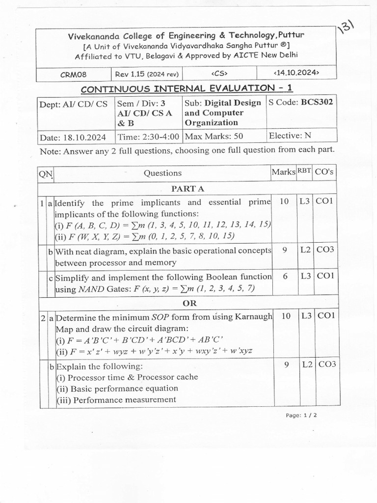 Digital Design Exam Paper BCS302 | PDF | Computer Architecture ...