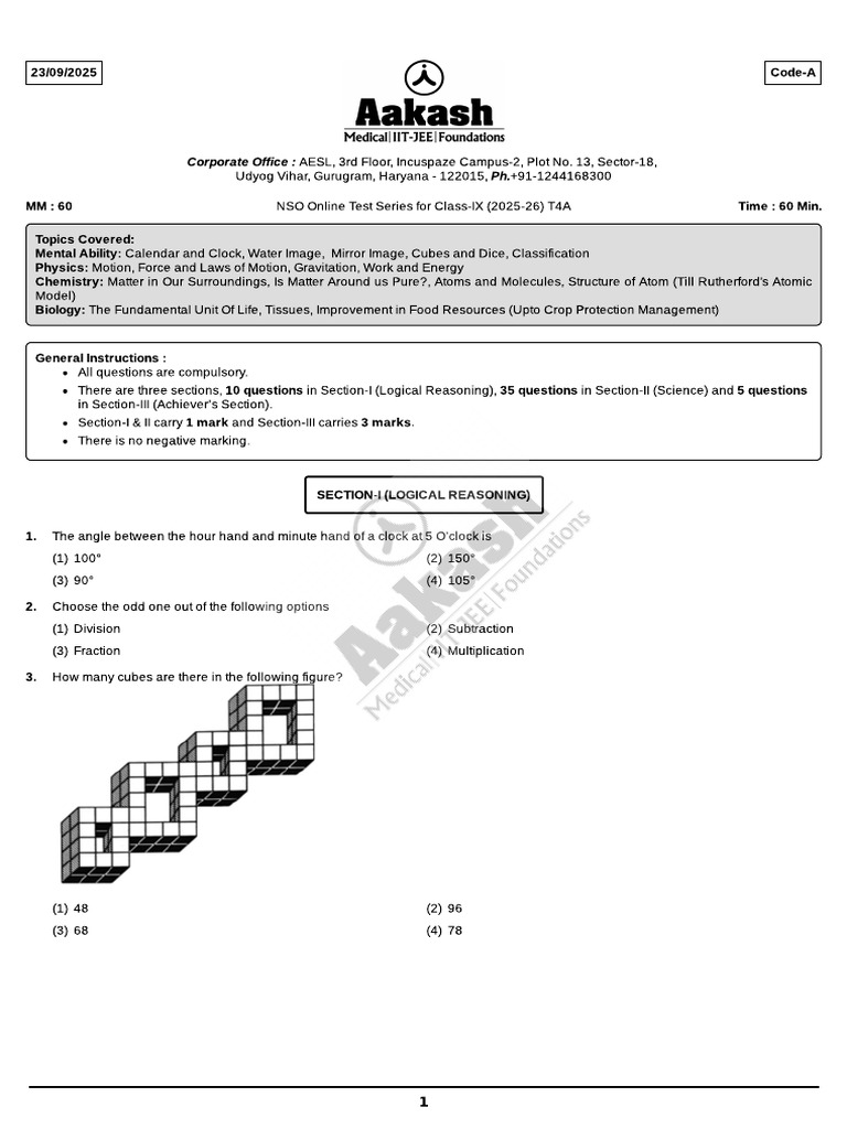 Test Series (L-I) NSO T-4A - Class 09 (23!09!2025) | PDF