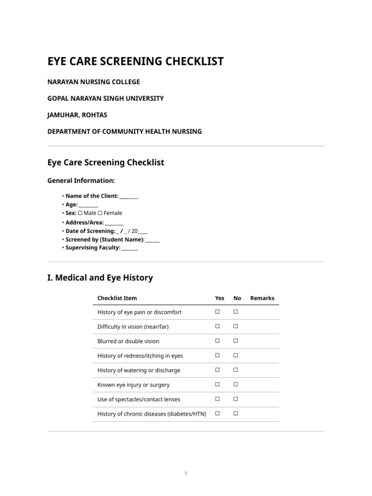 Eye Care Screening Checklist Template | PDF | Eye | Vision