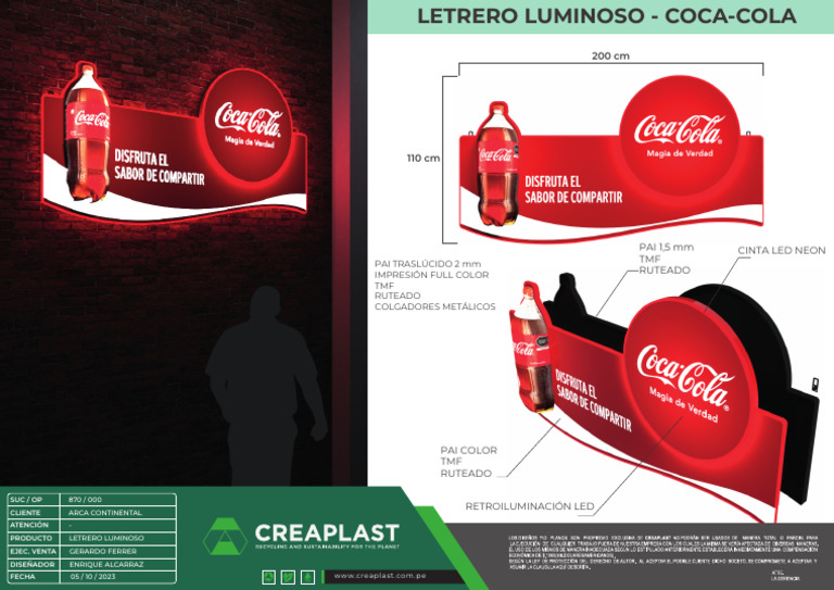 Letrero Luminoso Coca-Cola 110x200 cm | PDF