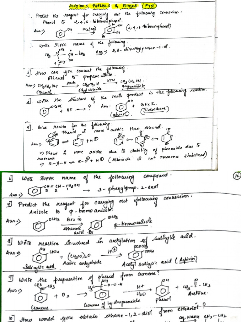 Alcohols, Phenols and Ethers - Pyq and Imp Questions | PDF