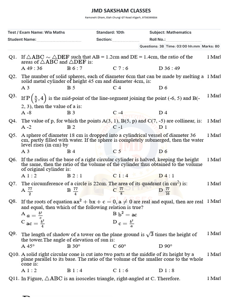 Math Exam Questions for 10th Grade | PDF | Area | Circle