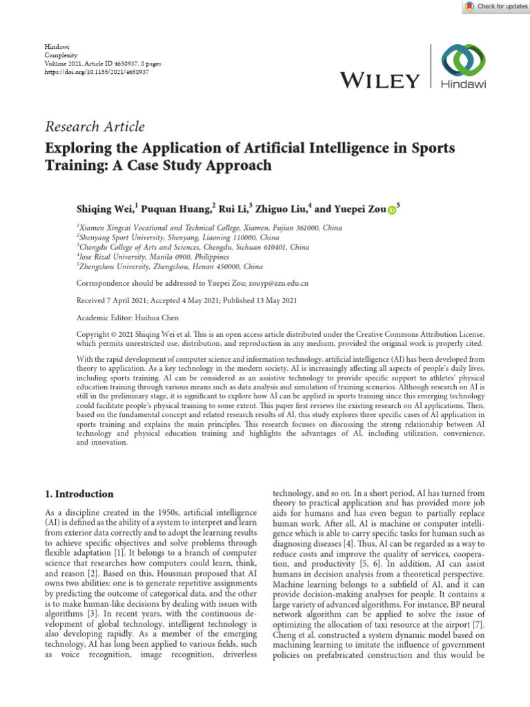 Complexity - 2021 - Wei - Exploring the Application of Artificial ...