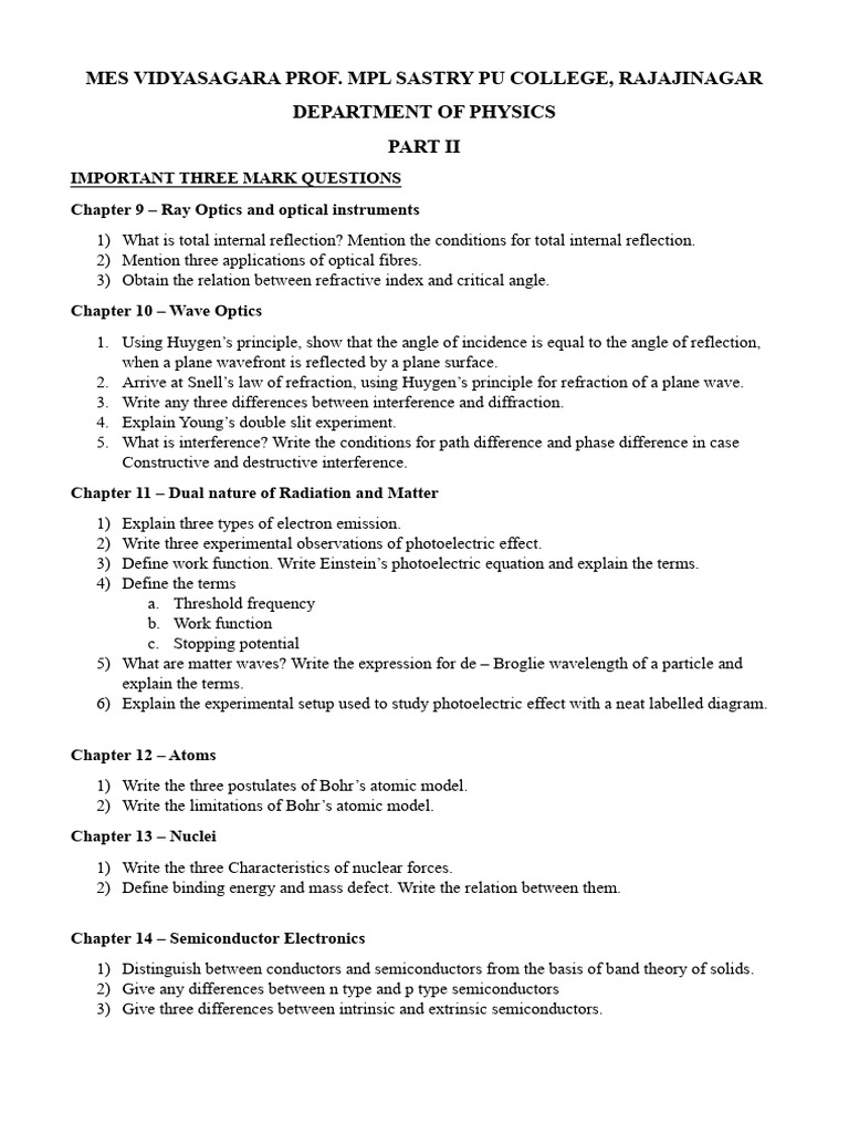Important Physics Questions for PU Students | PDF | Optics ...