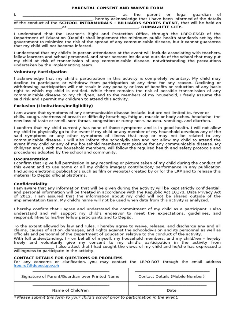 Parental Consent for Billiards Event | PDF | Infection | Consent