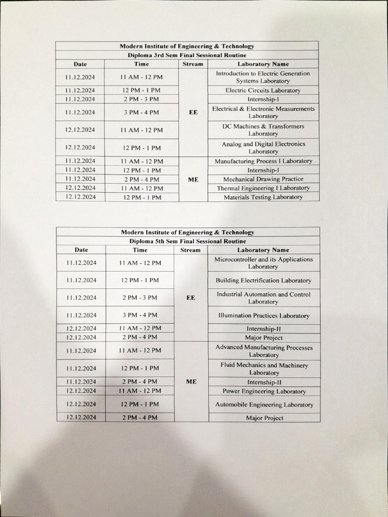 Diploma Final Sessional Routine of 3rd and 5th Sem (EE & ME) | PDF ...