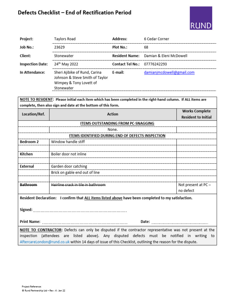 Defects Checklist for Rectification Period | PDF