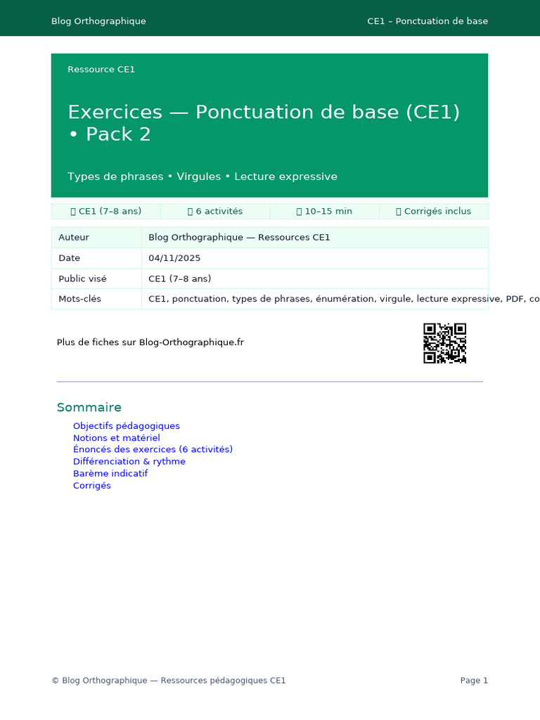 Exercices de Ponctuation CE1 en PDF | PDF | Orthographie | Grammaire