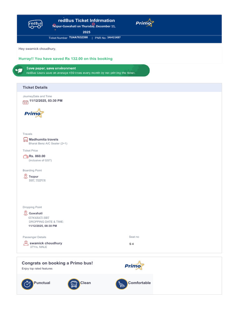 Bharat Benz A/C Seater Bus Ticket Details | PDF