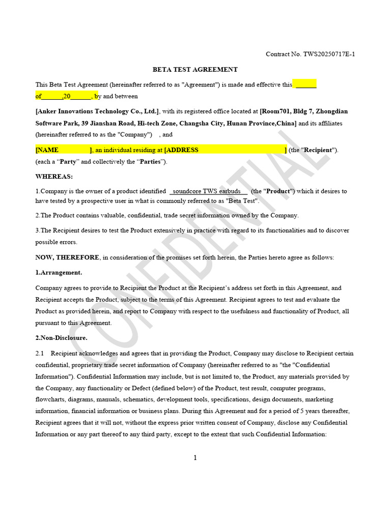Soundcore TWS Earbuds Beta Test Agreement | PDF | Indemnity | Legal ...