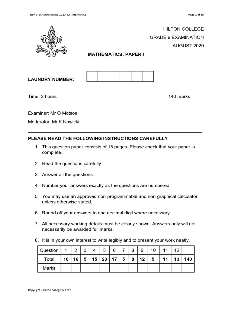 Grade 9 Mathematics Exam Paper 2020 | PDF | Mathematics