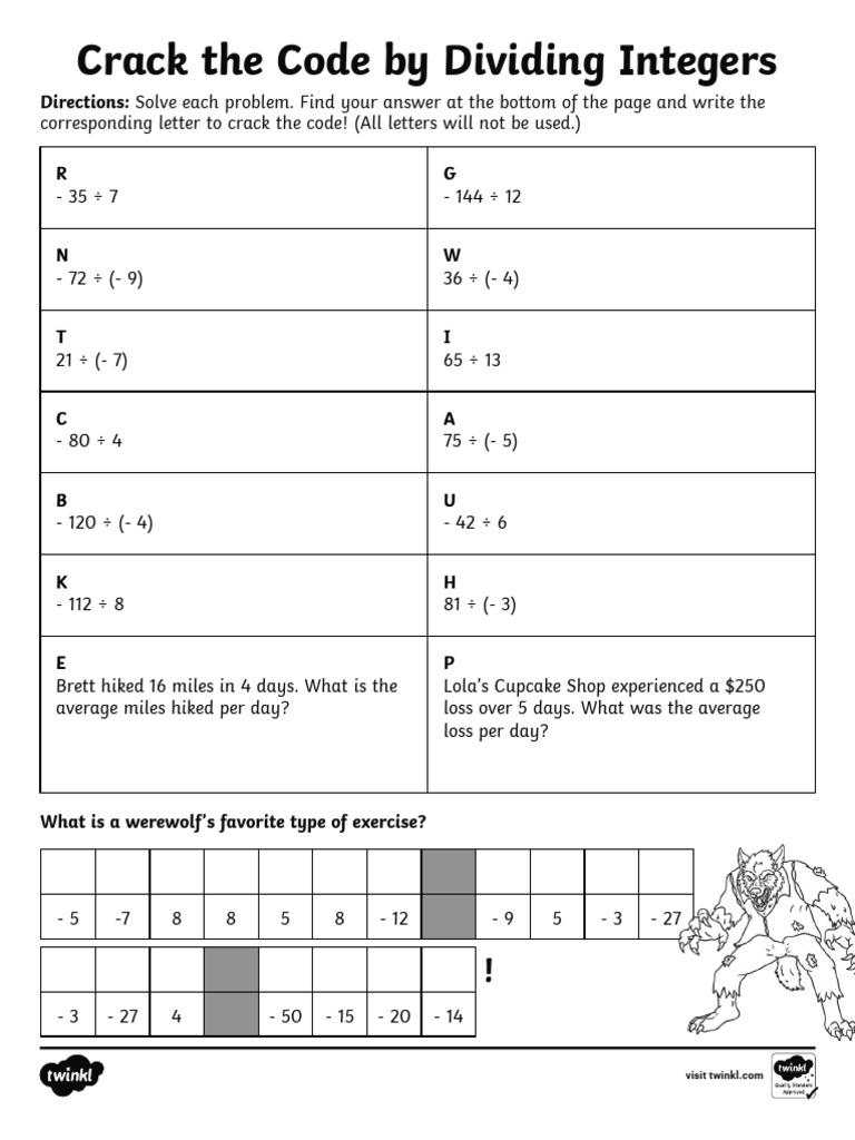 Crack The Code by Dividing Integers Werewolf Activity | PDF