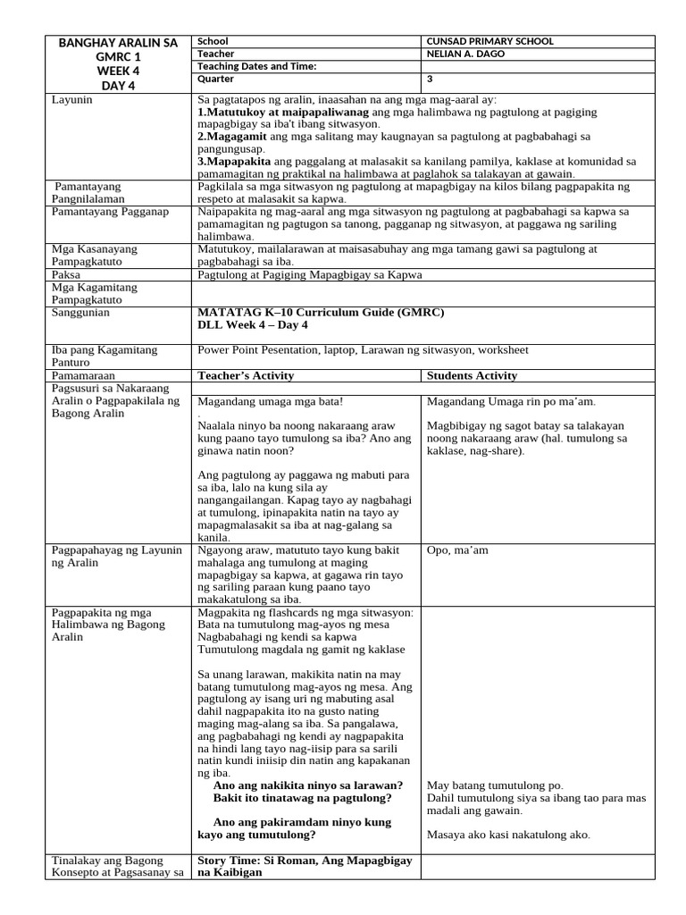 Lesson Plan Grade 1 GMRC Format Lesson Plan q3 w4 Day 4 | PDF
