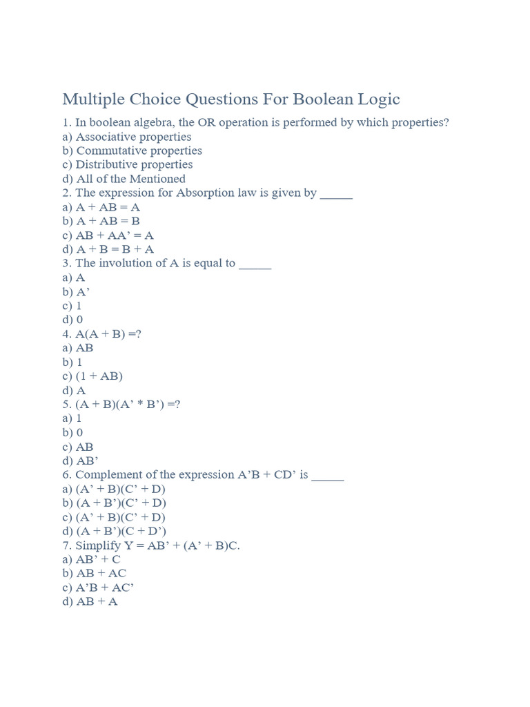Boolean Logic MCQs for Students | PDF | Mathematical Logic | Boolean ...