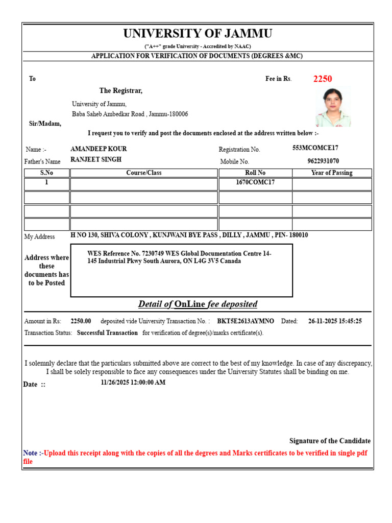 Amandeep Kour Degree Verification Form | PDF