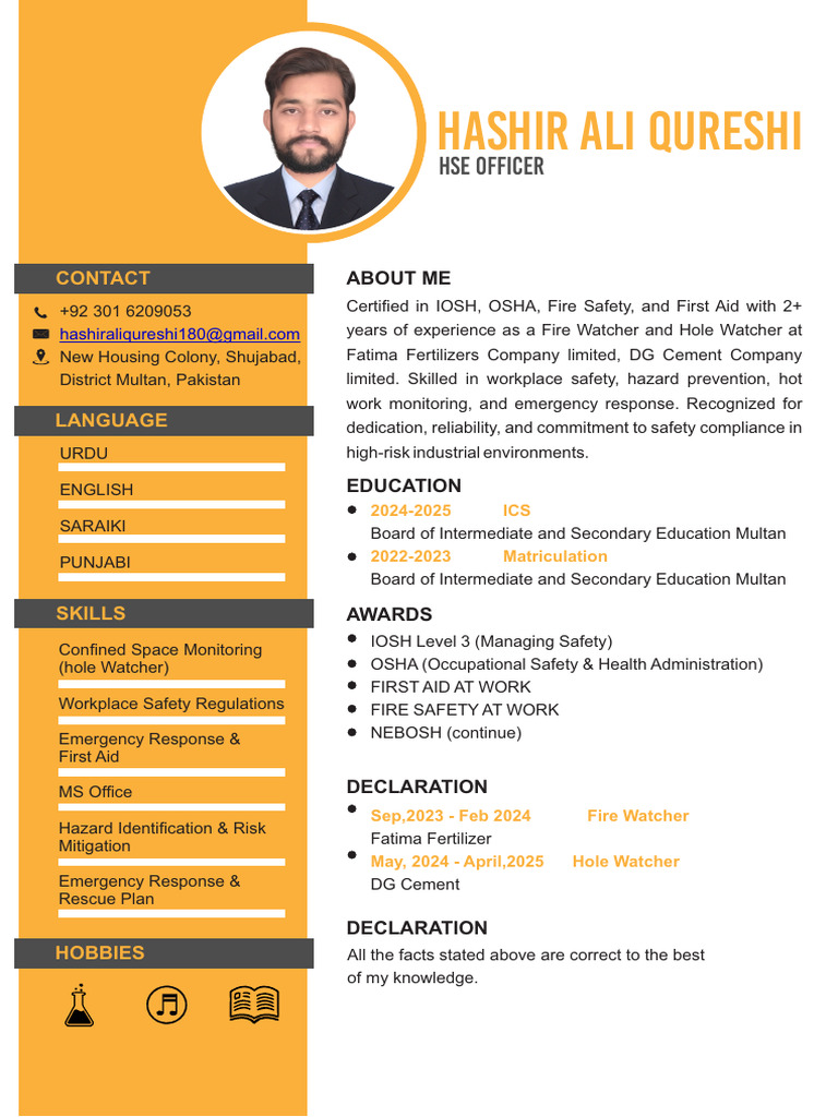 Hashir Ali Qureshi: HSE Officer Profile | PDF
