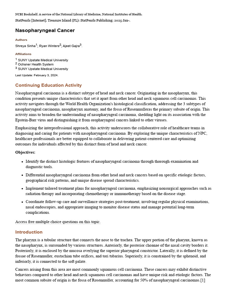 Nasopharyngeal Cancer - StatPearls - NCBI Bookshelf | PDF