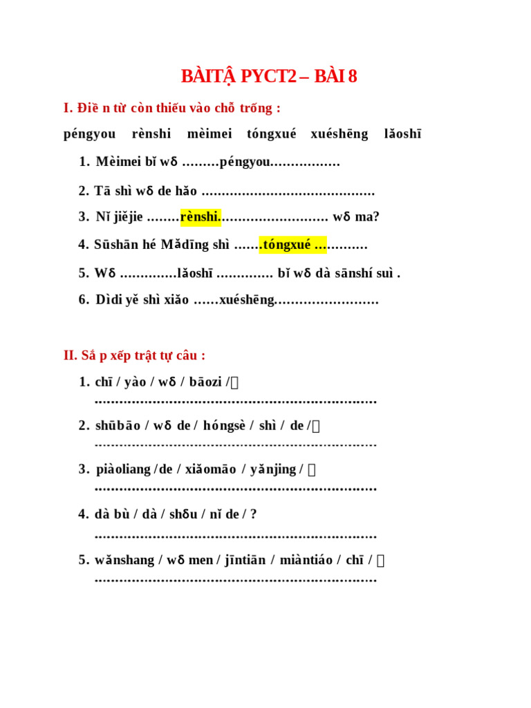 BÀI TẬP YCT2 Bài 8 | PDF