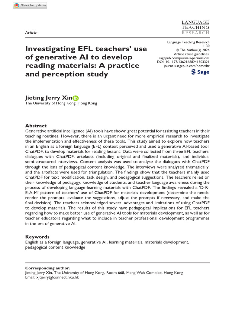 Investigating EFL Teachers' Use of Generative Ai To Develop | PDF ...