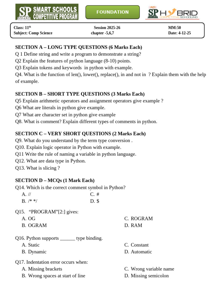 Class 11 CS PART TEST - 3 Set 2 Boys | PDF
