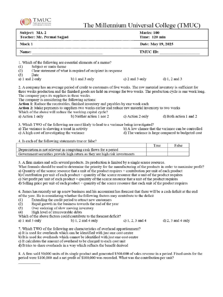 Mock 1 - MA-2 - Questions | PDF