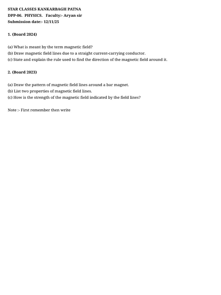 Magnetic Field Concepts for Physics DPP | PDF