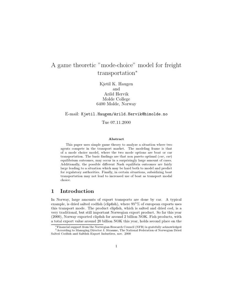 A Game Theoretic Mode Choice Model for f | PDF | Game Theory ...