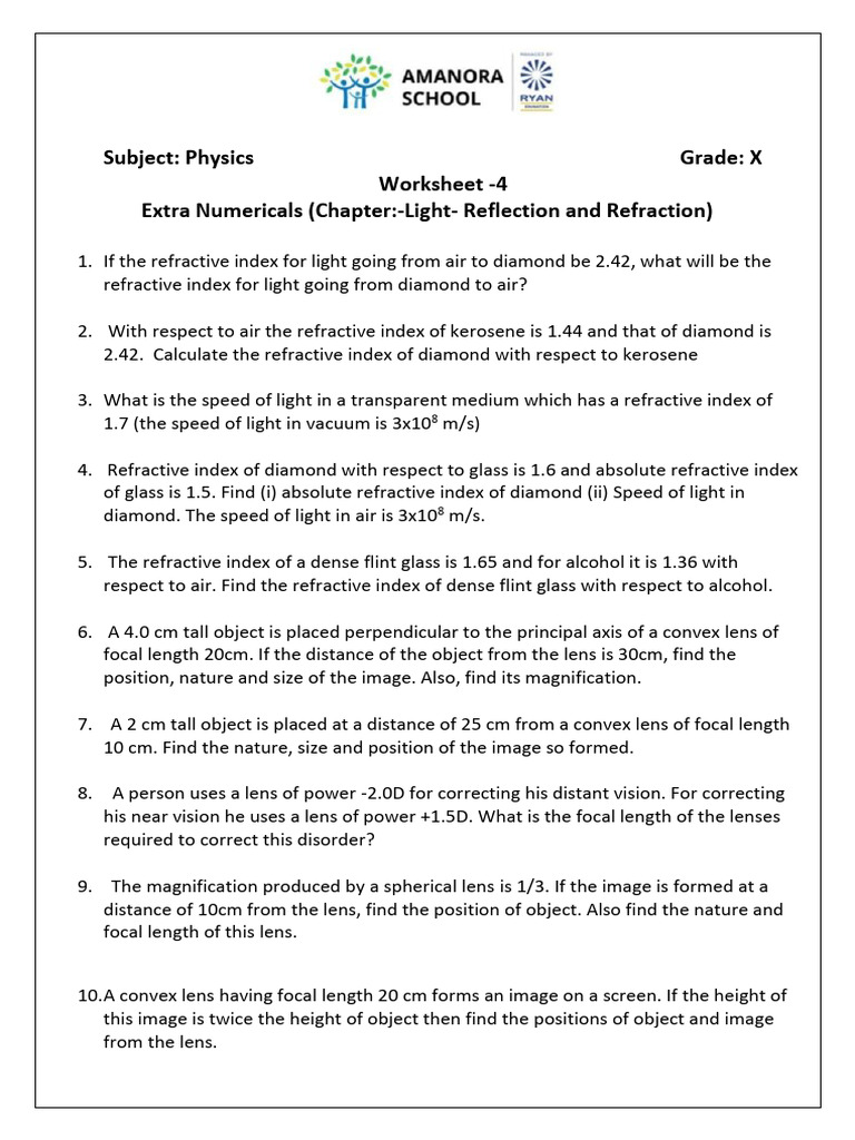 Light Reflection and Refraction Worksheet | PDF