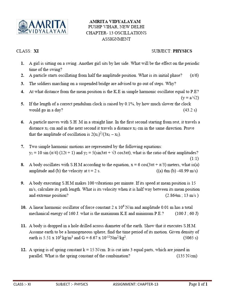 Chapter 13 Oscillations Assignment XI | PDF | Oscillation | Classical ...