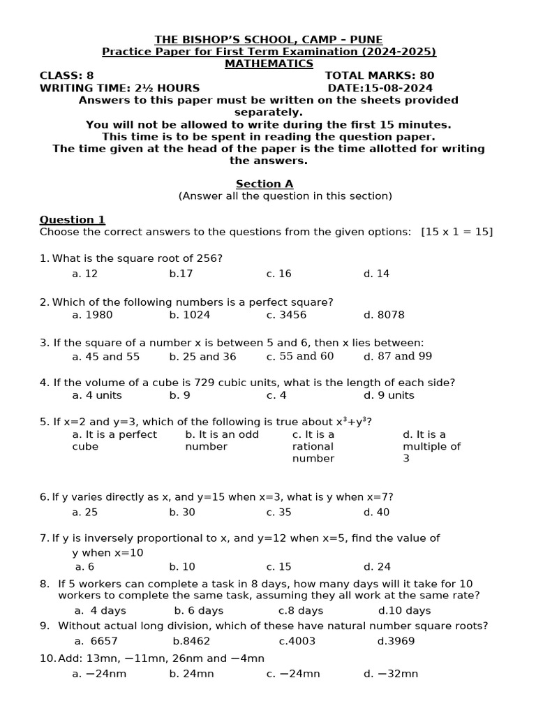 Class 8 Mathematics Practice Paper | PDF | Square Root | Numbers