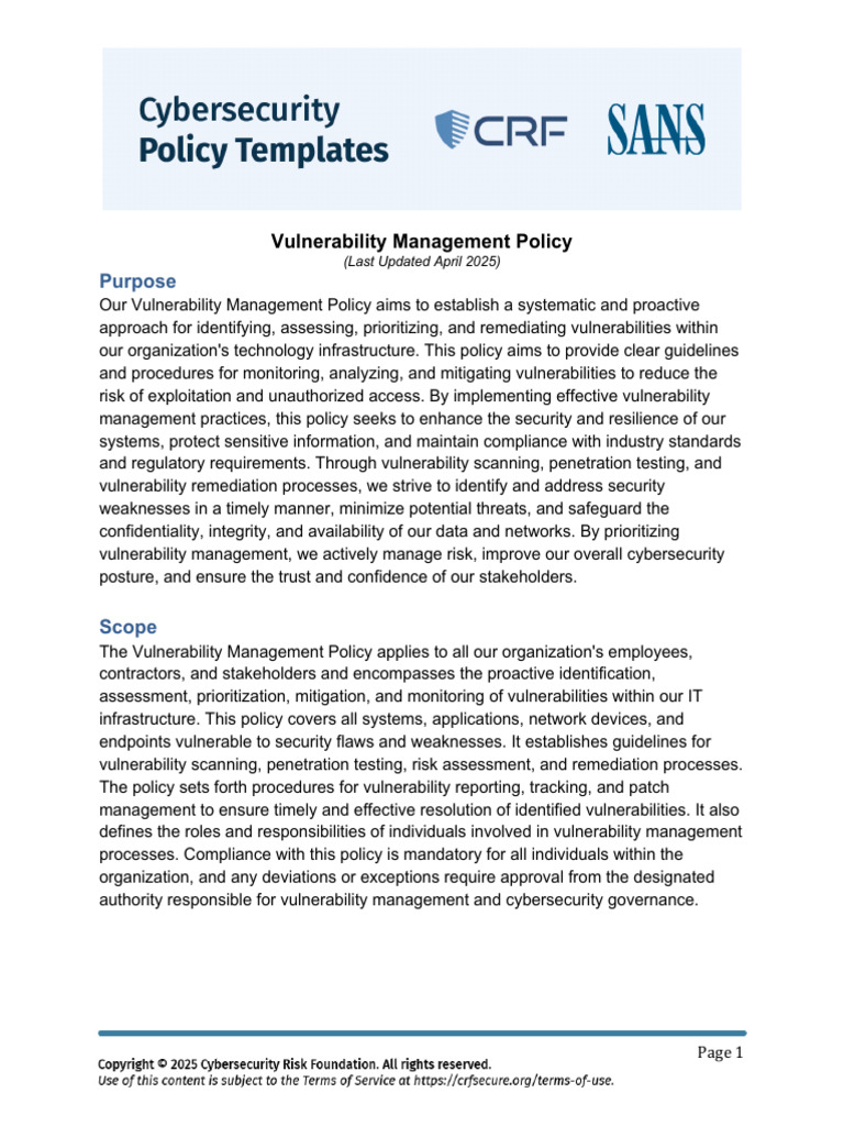 SANS Vulnerability Management Policy April2025 | PDF | Computer ...