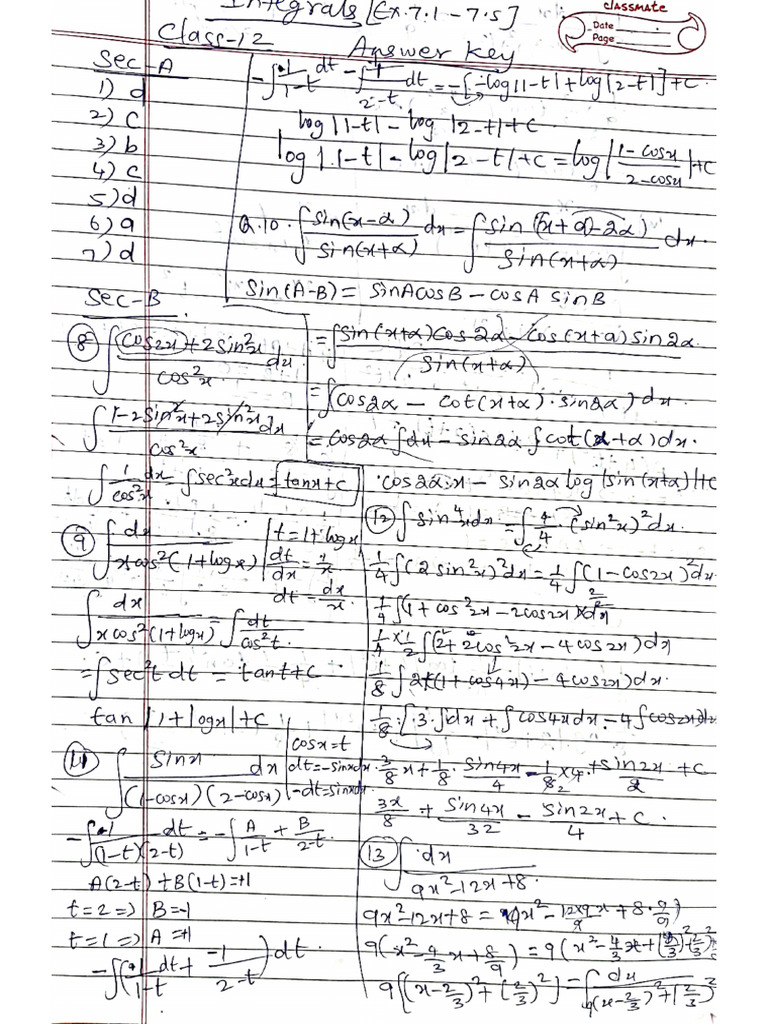 Integrals Class 12 Answer Key | PDF